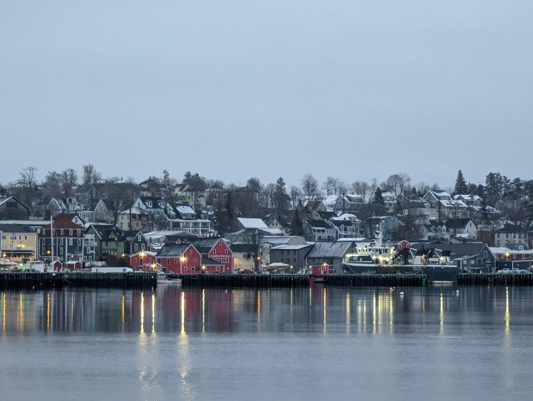 Scenic winter view of Lunenburg's historic waterfront in Nova Scotia, Canada.